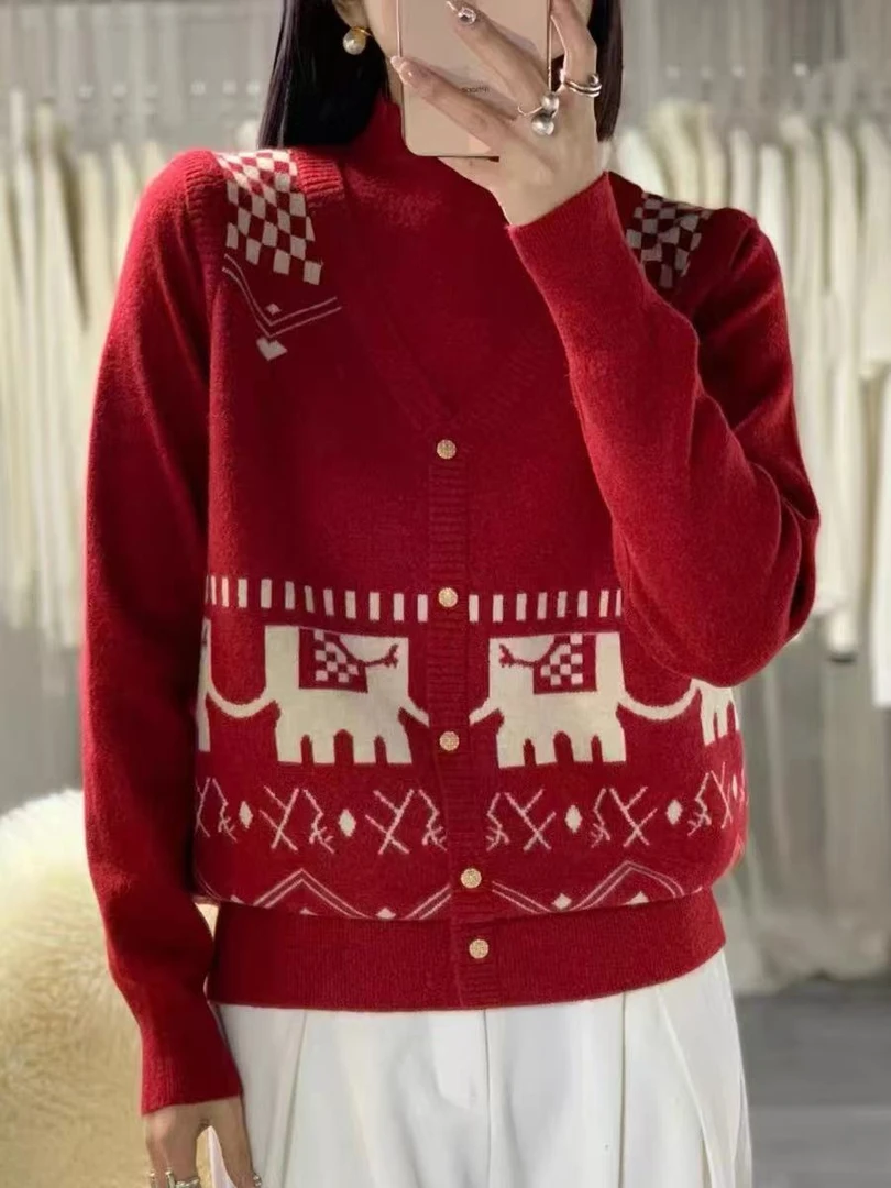 742-【红色提花假两件】高级感气质针织女毛衣