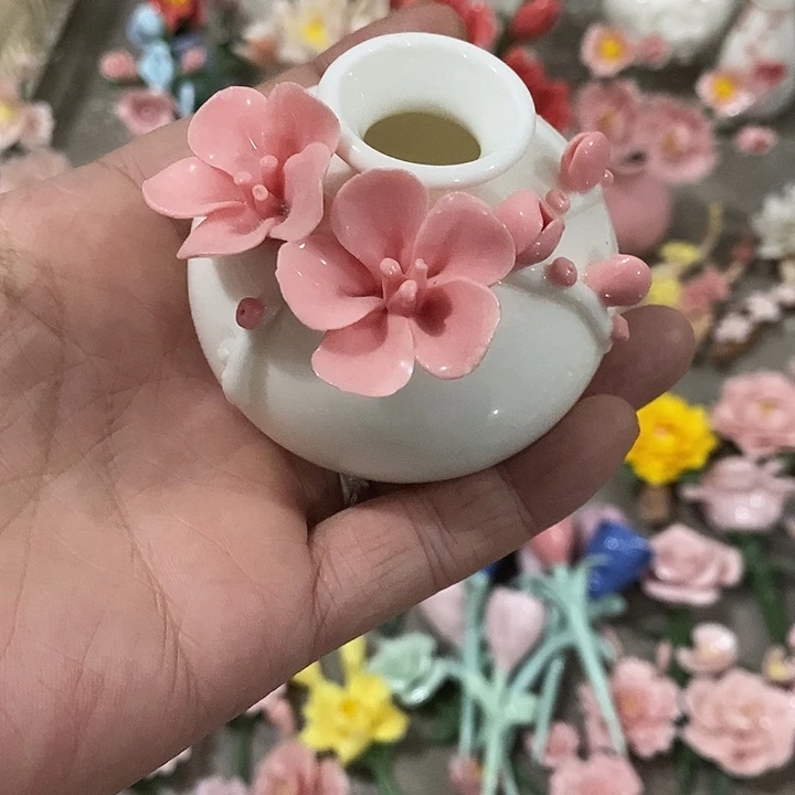 瓷片纯手工陶瓷花摆件瑕