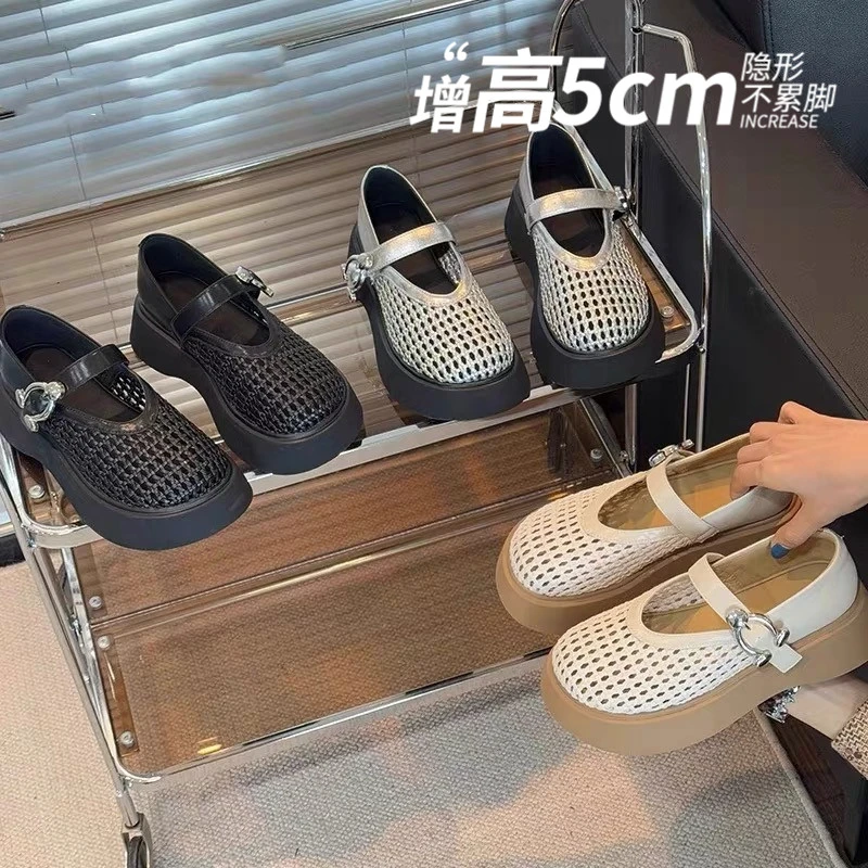 镂空编织透气浅口玛丽珍单鞋女2025年春夏新款百搭厚底增高乐福鞋