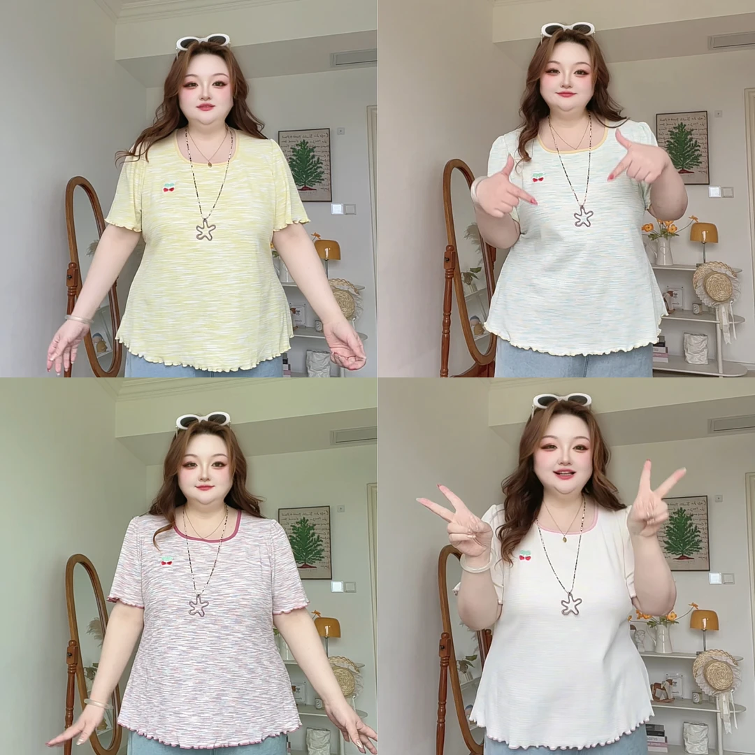 自制大码女装撞色晕染短袖t恤女简约气质修身显瘦女士宽松短袖