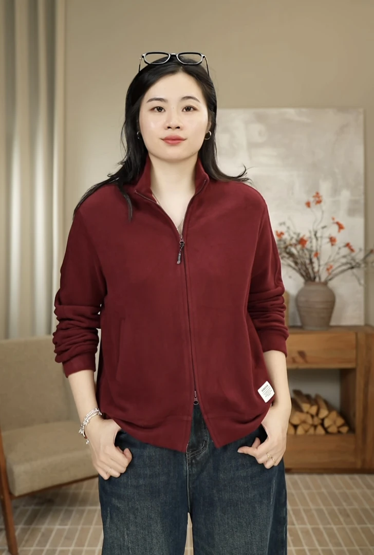 九月JIUYUE冬季德绒立领双头拉链纯色简约柔软卫衣外套女 25115