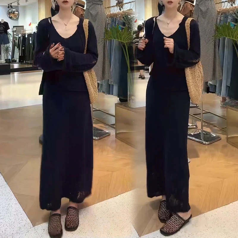 氛围感松驰时尚套装女2025春秋新款气质针织开衫吊带半身裙三件套