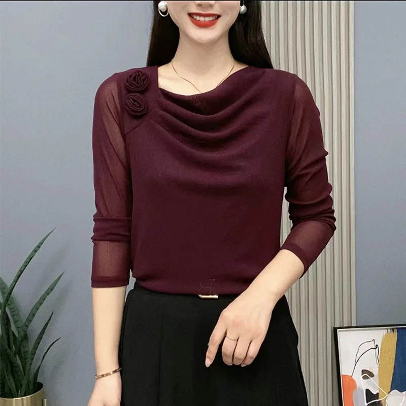 2025秋冬新款时尚堆堆领网纱长袖洋气纯色立体玫瑰花百搭套头上衣