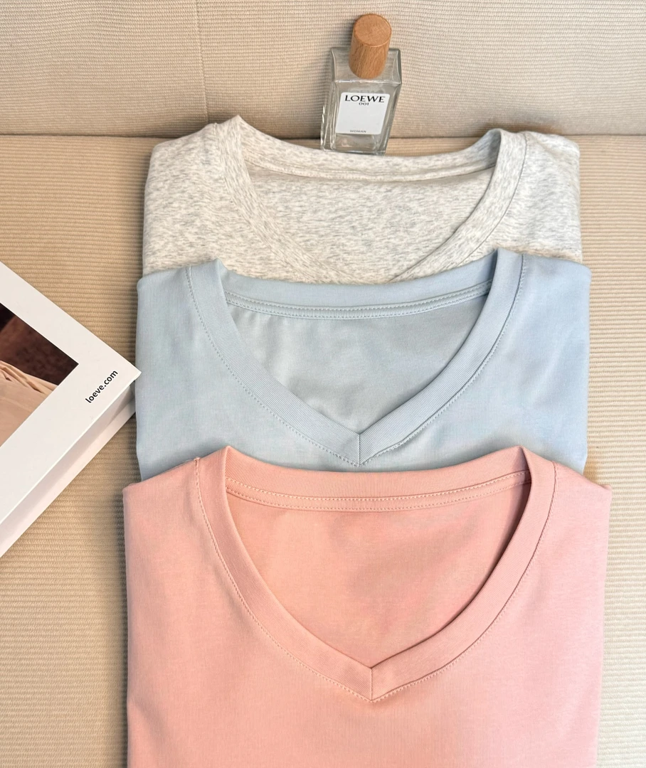 不吃梨【V领弹力T】短袖T恤夏季收腰正肩捏褶显瘦上衣蓝色粉色灰色