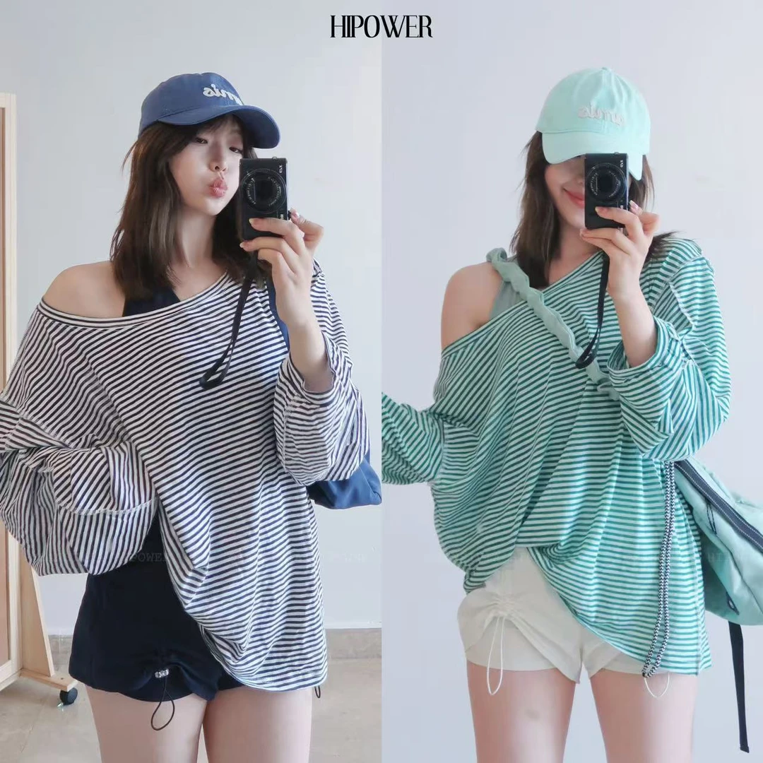 HIPOWER反结构”条纹罩衫夏季轻薄透气宽松运动健身休闲长袖女上衣