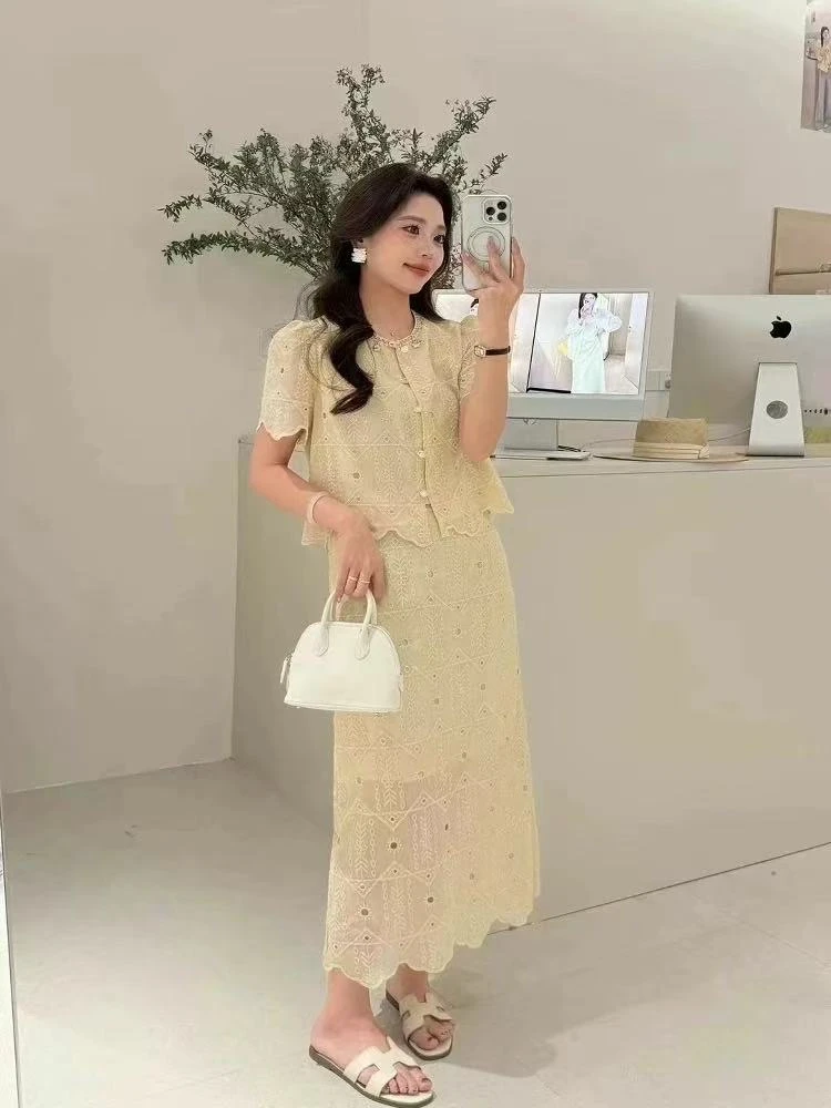 2025年夏季新款小香风蕾丝短袖套装高级气质名媛风小个子两件套