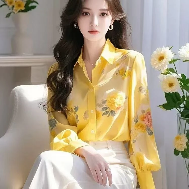 超好看独特漂亮上衣2025春季新款气质高级感百搭黄色印花衬衫女