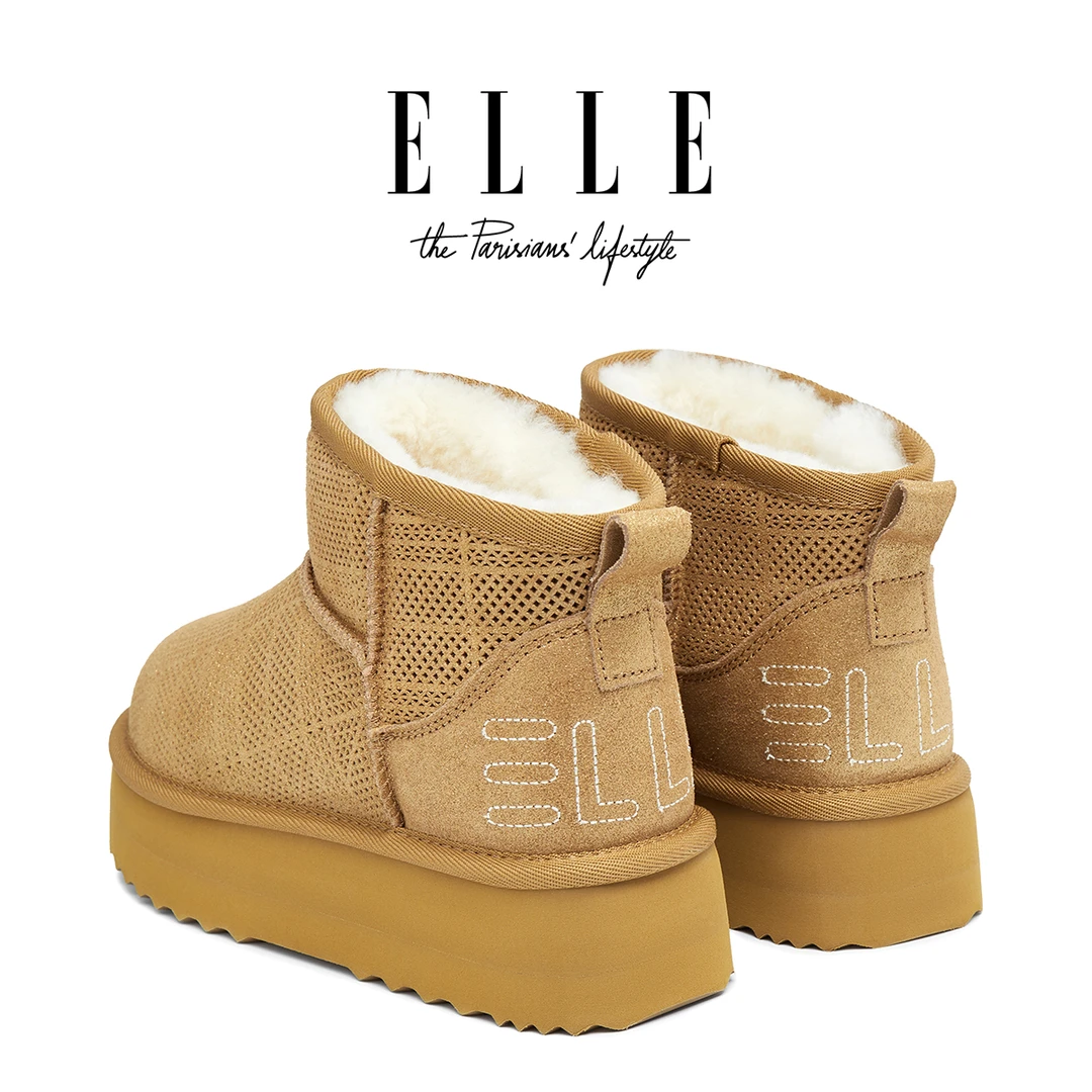 ELLE厚底雪地靴女2025新款加绒加厚皮毛一体短靴美拉德东北大棉鞋