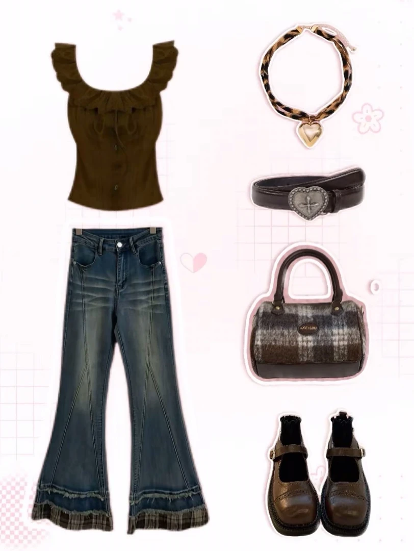 【Sevenone】复古牛仔格子裤脚喇叭裤