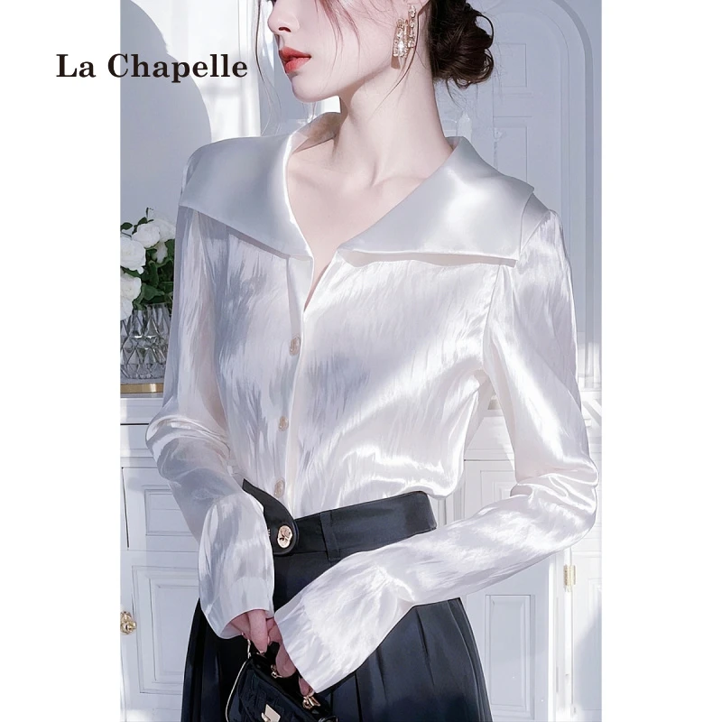 拉夏贝尔轻熟风长袖雪纺衬衣女早春单排扣设计感衬衫开衫翻领上衣