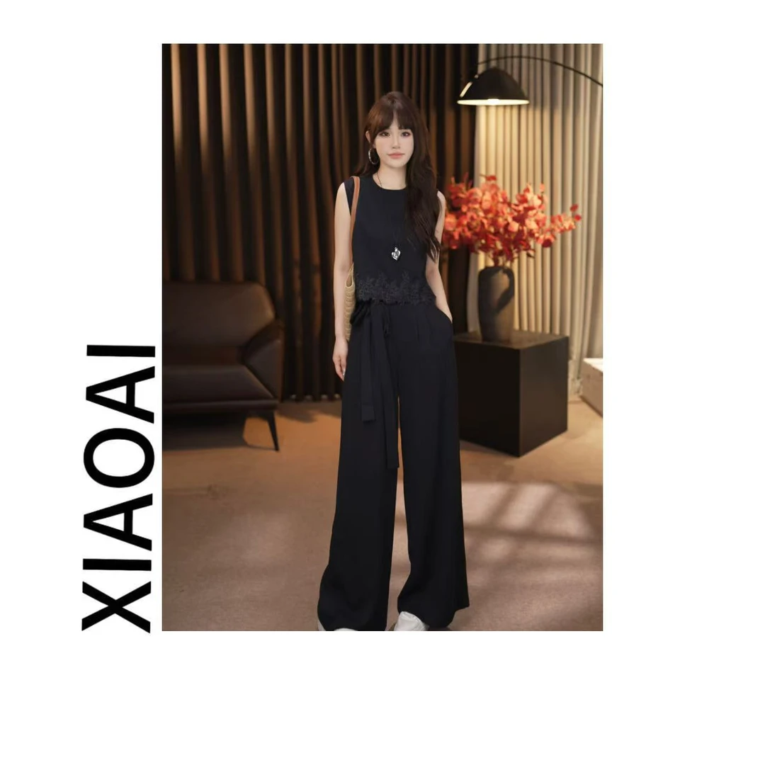 小艾2025初夏新款高级显瘦气质高级花边马甲+直筒裤套装女F103