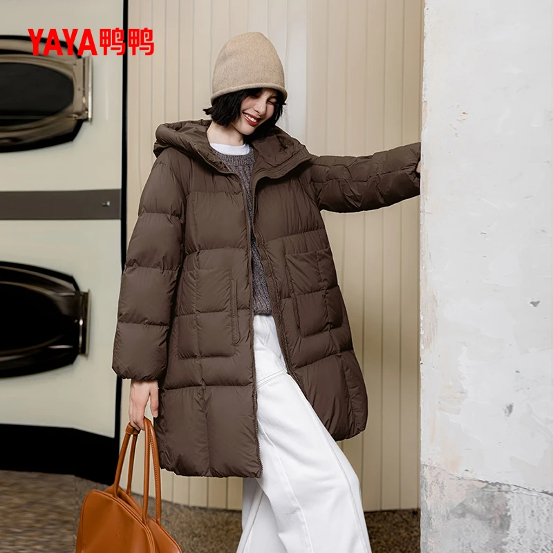 YAYA/鸭鸭羽绒服女中长款时尚纯色休闲风百搭保暖外套YE4B616582N