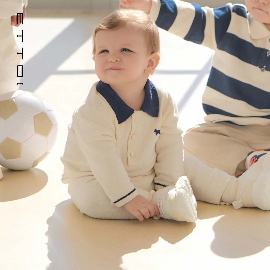 ETTOI爱多娃2025秋新款polo领长袖长裤条纹撞色套装