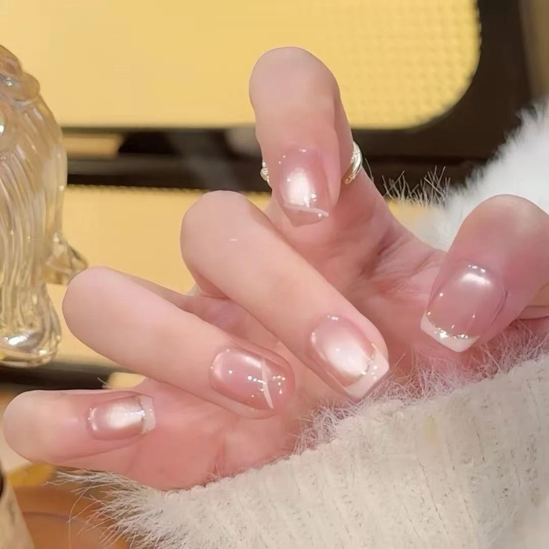 【草莓丝带】少女款法式描边 爆闪猫眼显白精致千金款纯手工穿戴甲