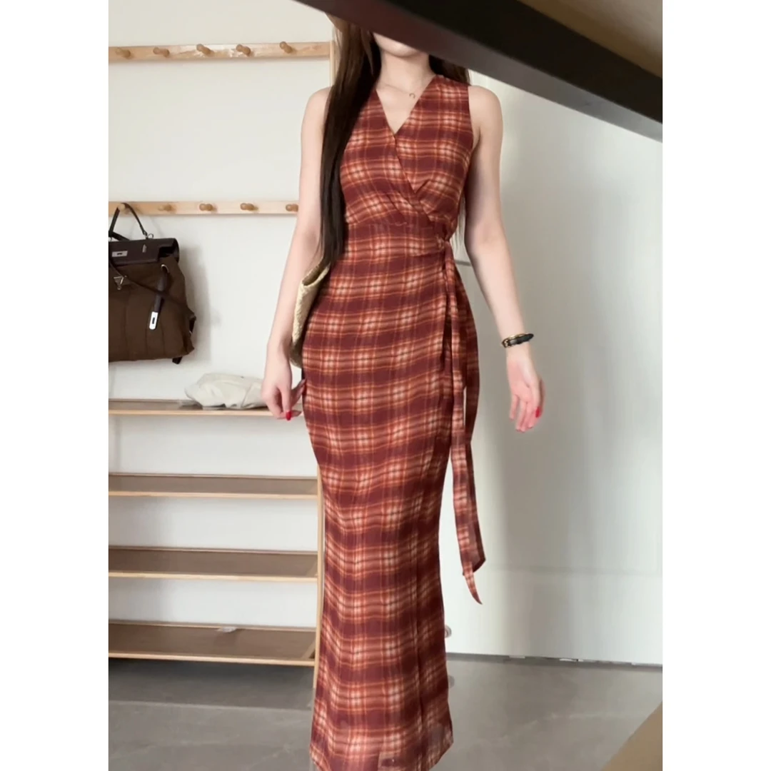 SZA【夏风微澜】夏季绝美格子纹气质感瘦腰显瘦V领长款连衣裙A-2034