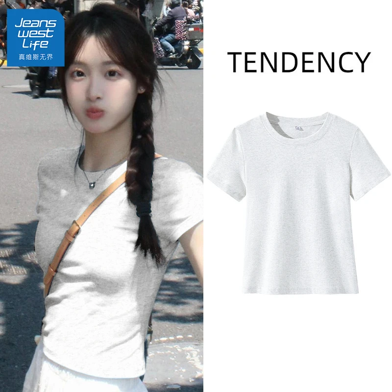 真维斯无界欧若风辣妹白色短袖t恤女夏季2025新款别致T恤夏日穿搭