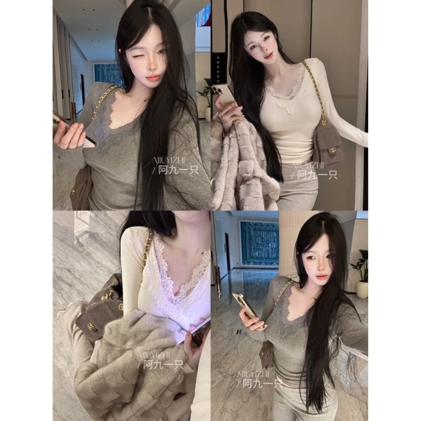 阿九一只 V领毛针织衫蕾丝拼接显瘦针织衫秋冬法式上衣0036