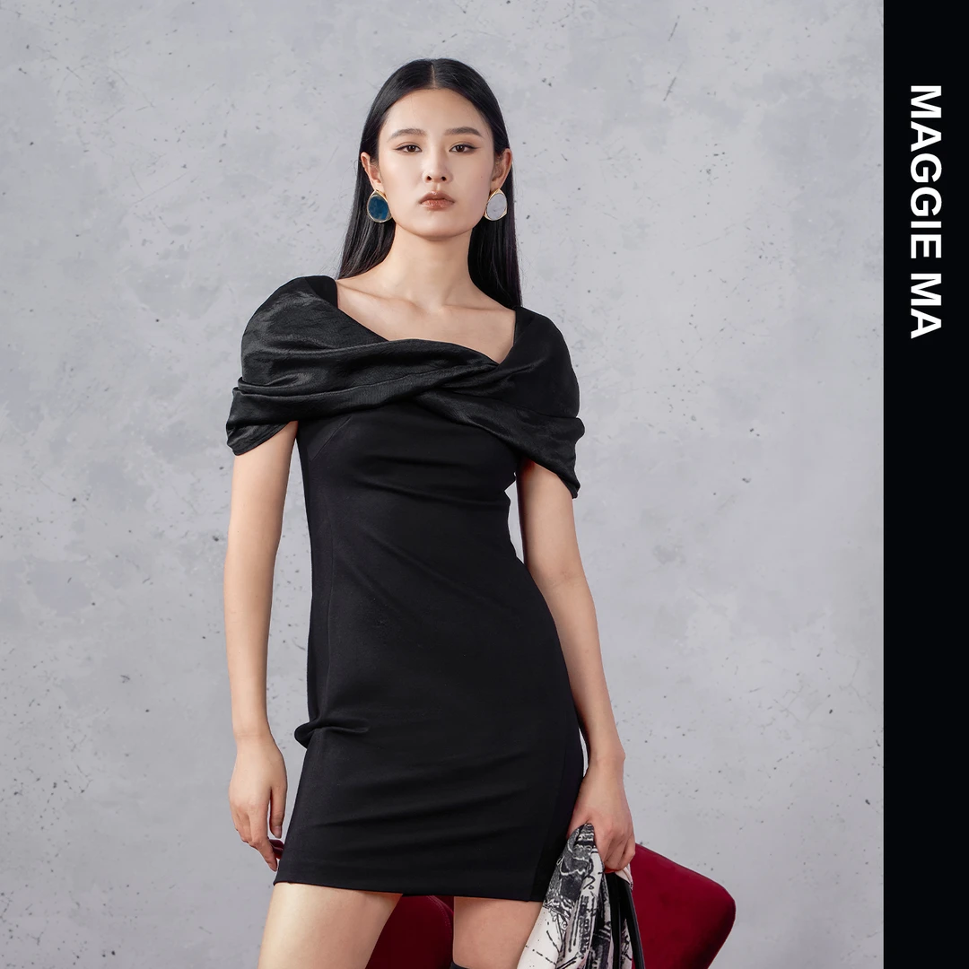 MAGGIE MA马婧设计师款黑色交叠领层次感优雅气质连衣裙343D