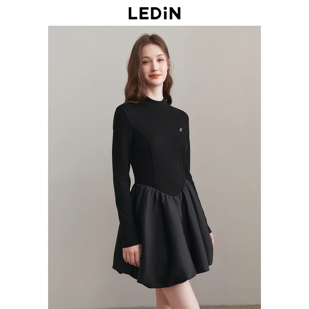 乐町气质立领针梭拼接连衣裙25年春新款小黑裙显高显瘦甜美花苞裙