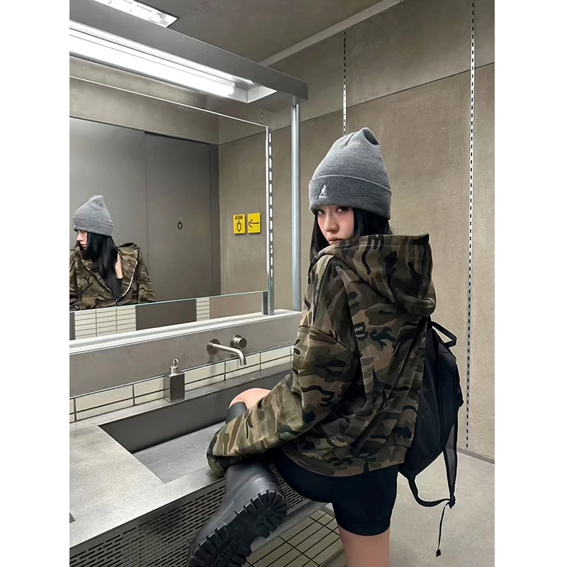 迷彩连帽开衫卫衣男秋季美式潮牌重磅休闲夹克衫情侣cleanfit外套