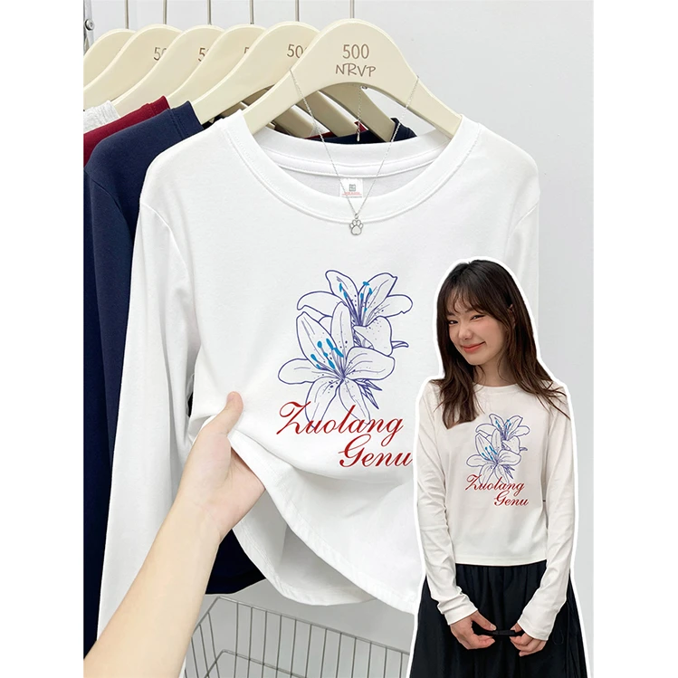 花朵印花正肩秋冬时尚百搭长袖t恤女打底衫修身高弹力大码女装ins
