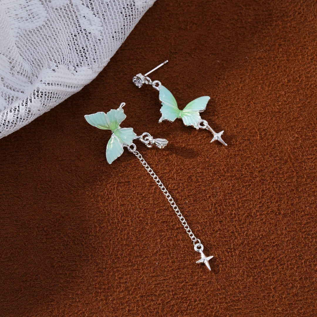 铜合金耳饰 蓝色蝴蝶耳环款女人味流苏耳坠适合圆脸的耳饰N2558