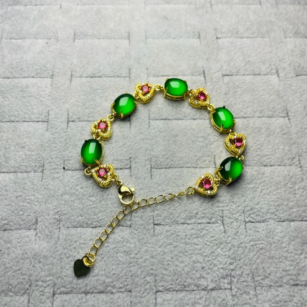 翡翠手链（L16310）时尚绿色金手链镶嵌珠珠轻奢金绿精美银镀单圈