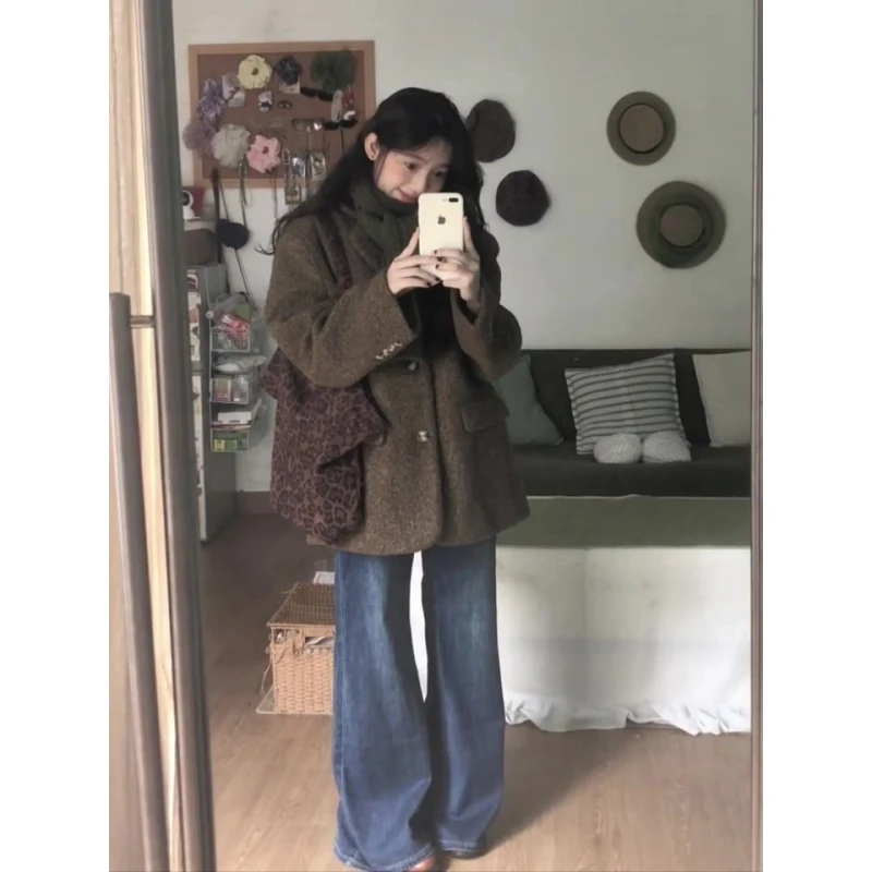 parkyeon气质高级感毛呢西装外套女冬季新款高腰显瘦牛仔裤套装