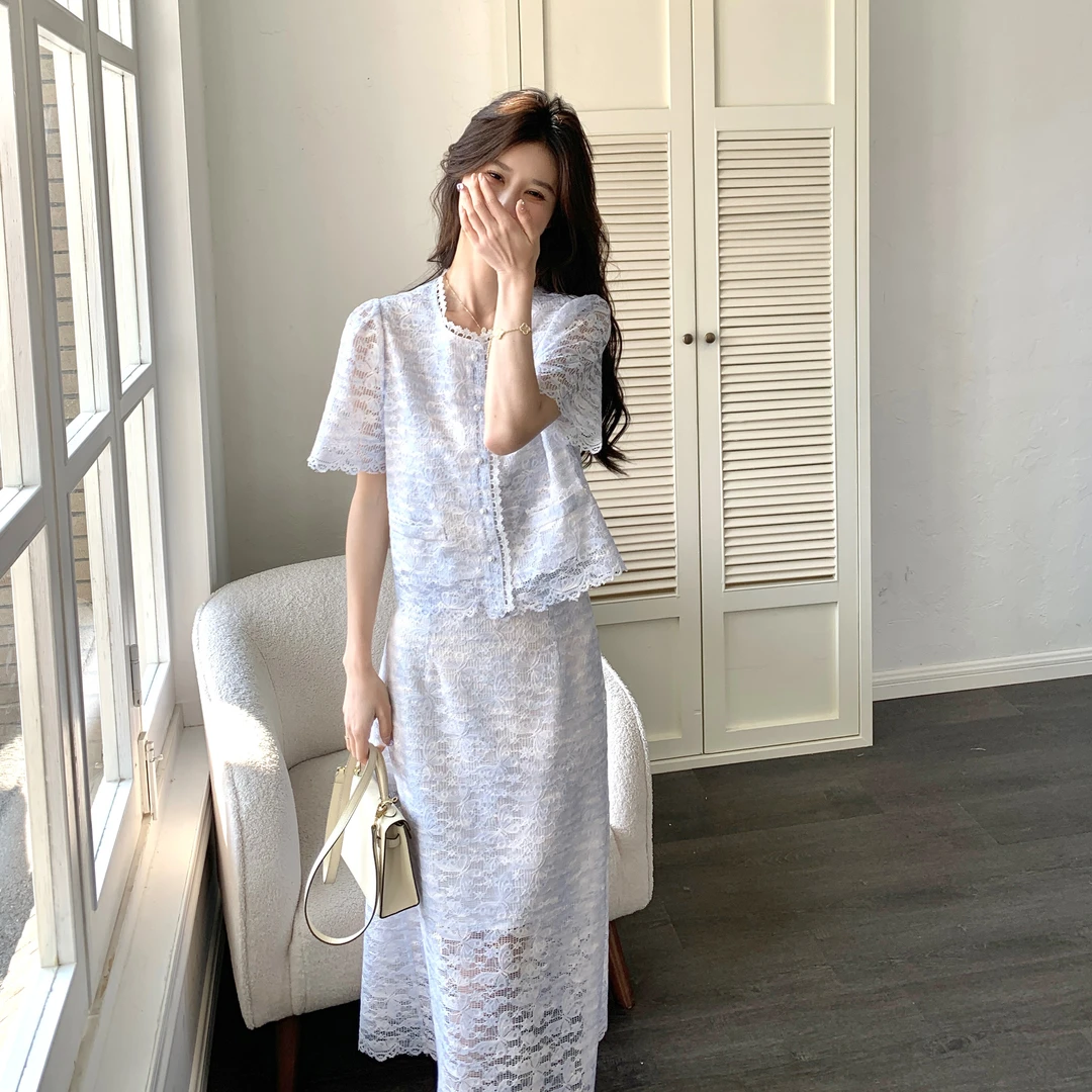 法式重工蕾丝小香风套装裙女2025夏季新款气质温柔风半身裙两件套