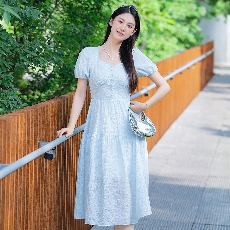 【松弛假日裙】肌理感收腰连衣裙甜美泡泡裙DOUBLOVE贝爱25夏新款