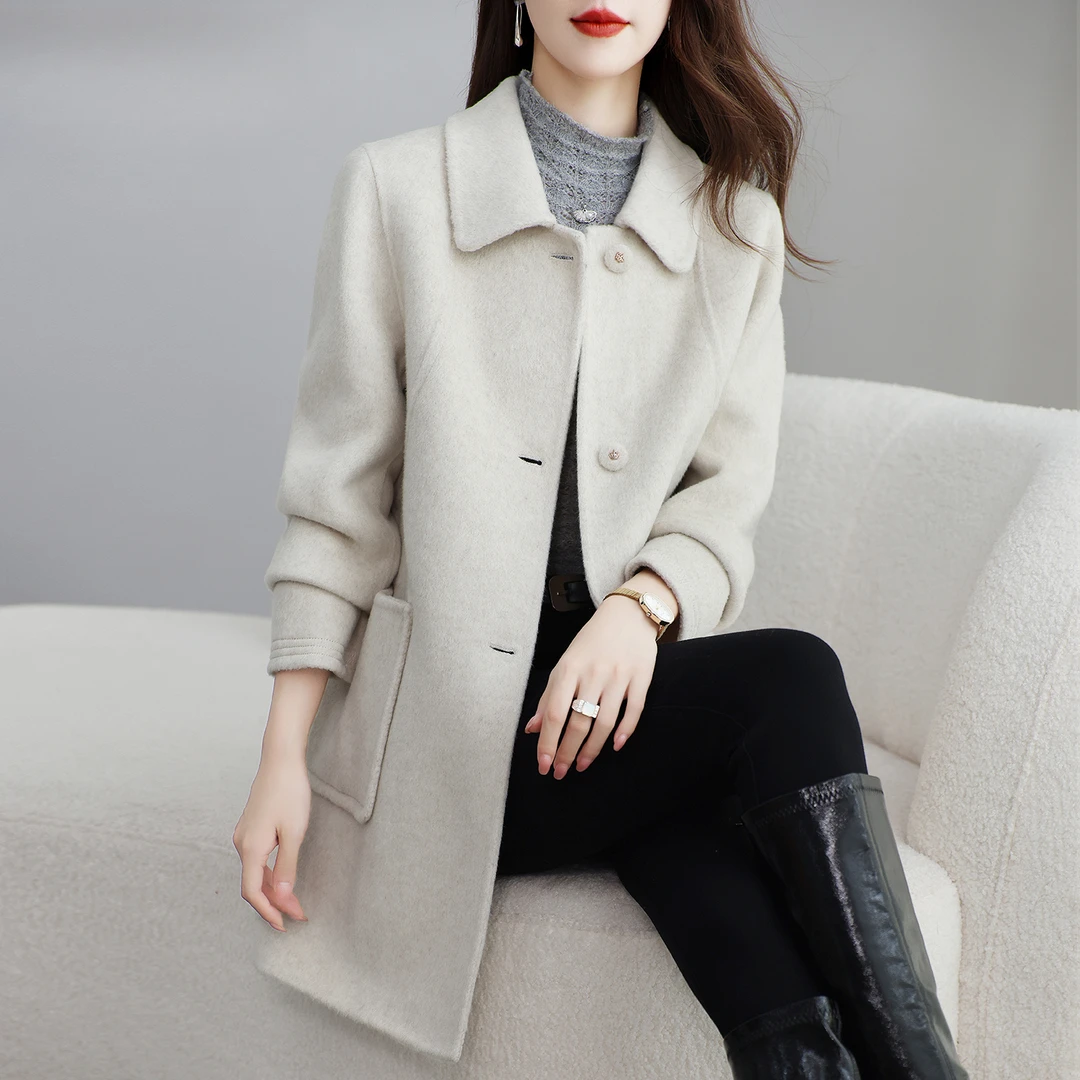 高端质感毛呢外套女秋冬新款娃娃领中长款双面呢大衣羊毛外套保暖