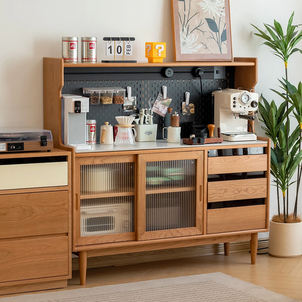 殿下家具实木餐边柜岩板餐边柜日式樱桃木洞洞板北欧储物柜半矮柜