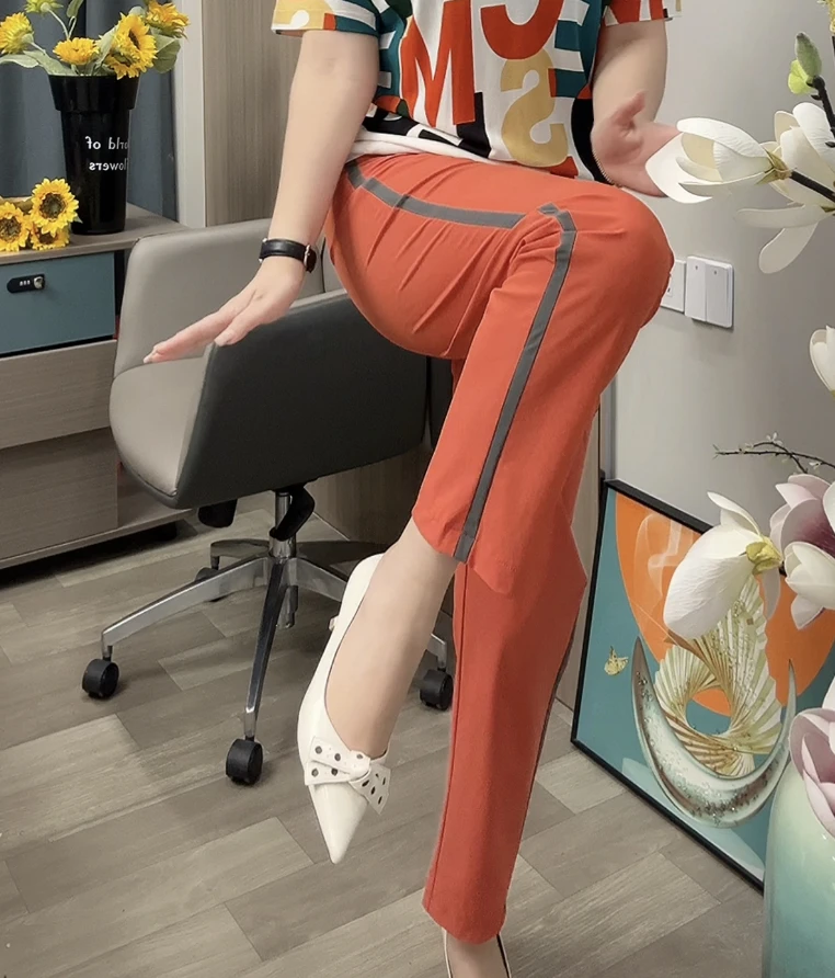 9741-3夏女士牛奶丝透气薄款高腰弹力松紧腰百搭显瘦休闲长裤妈妈