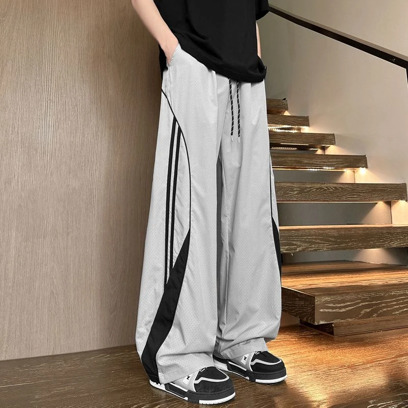 条纹冰丝裤子男夏季薄款潮牌美式休闲长裤宽松运动凉感速干冲锋裤