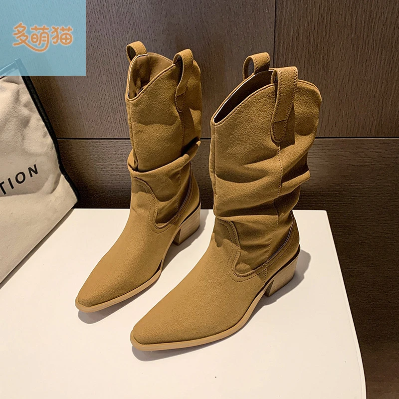 时尚休闲粗跟马丁靴女2025秋冬新款长靴厚底舒适骑士靴尖头中筒靴