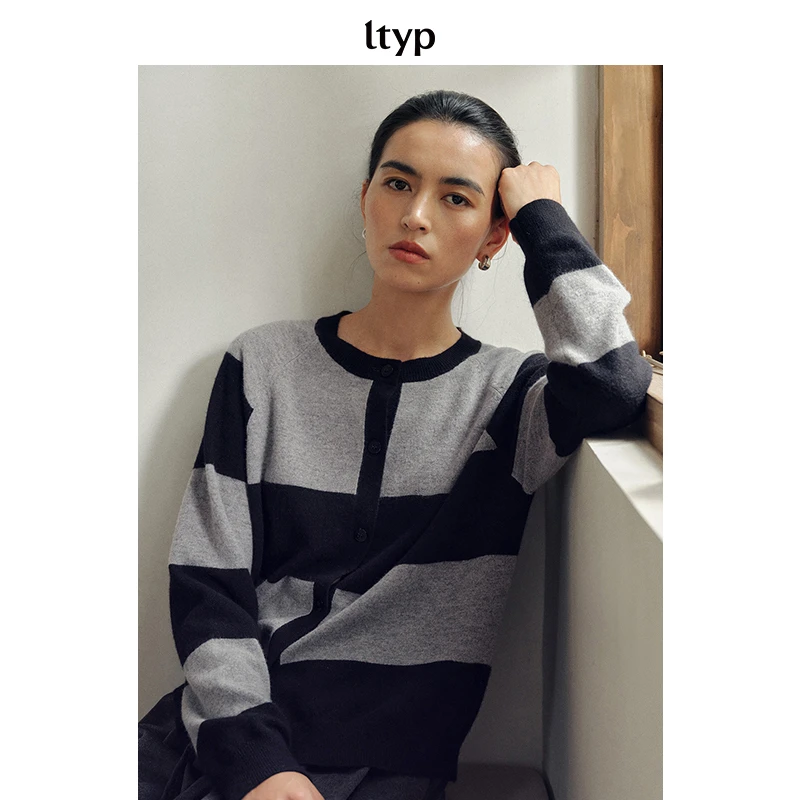 ltyp 9.2 羊毛星空宽条纹开衫 经典撞色针织衫女秋季E154253183