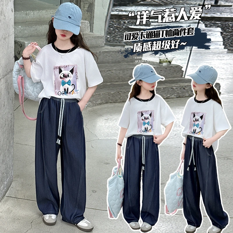 女童夏季新款时尚猫咪T恤裤子两件套中大童女孩洋气运动卡通套装