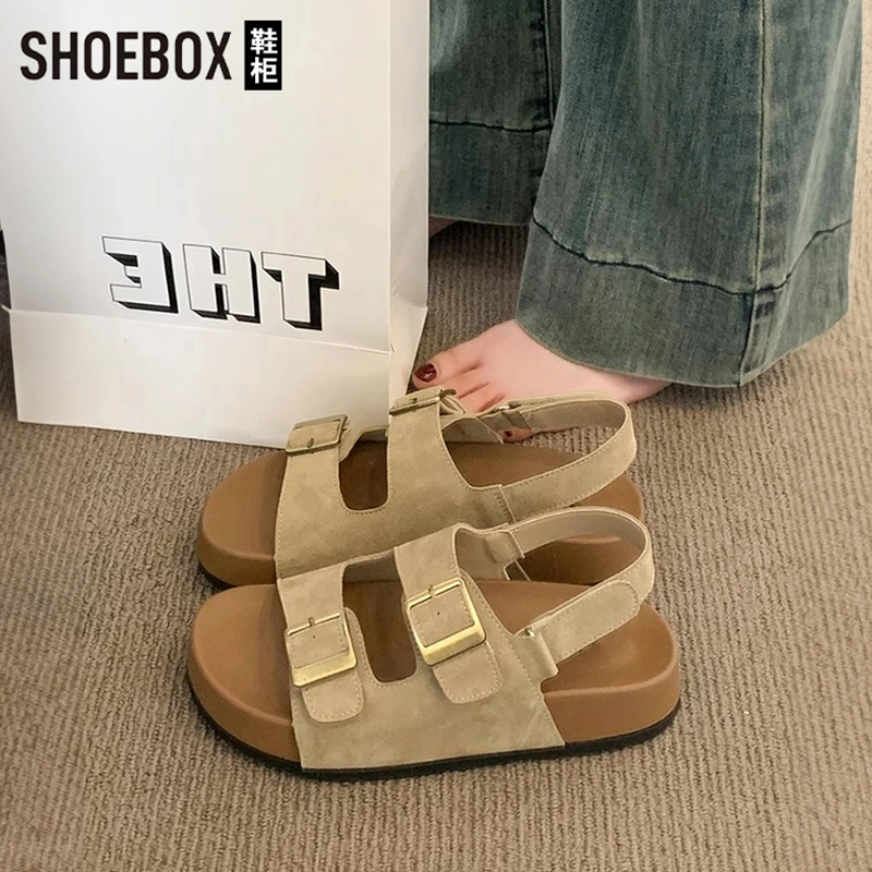 SHOEBOX鞋柜超火休闲凉鞋女2025夏季新款勃肯鞋双扣罗马凉鞋子