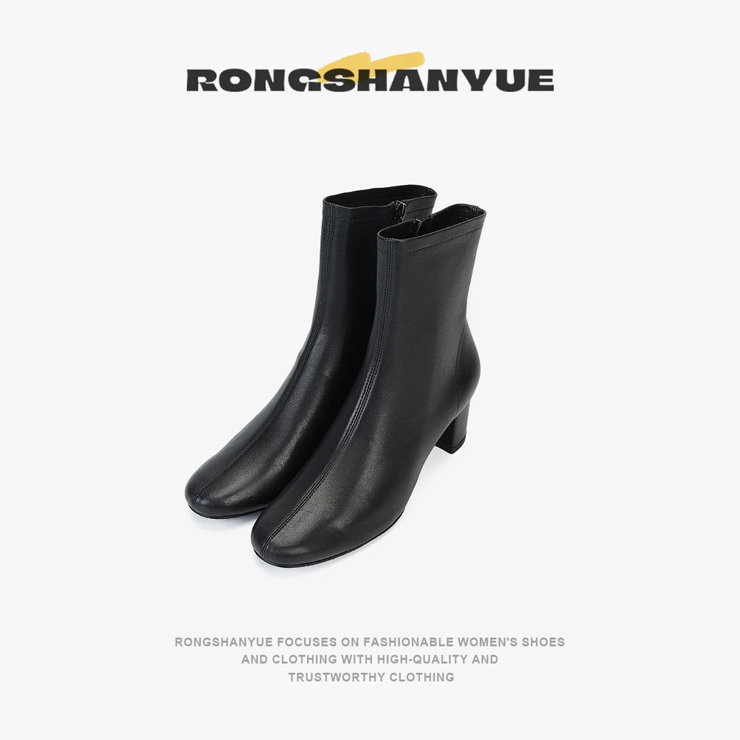 Rongshanyue全粒面进口羊皮短靴女软2024新款法式瘦瘦靴子B935