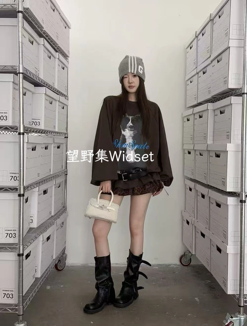 望野集Widset（甜辣）韩系出游服饰卡通圆领卫衣+豹纹短裙短裤9261#