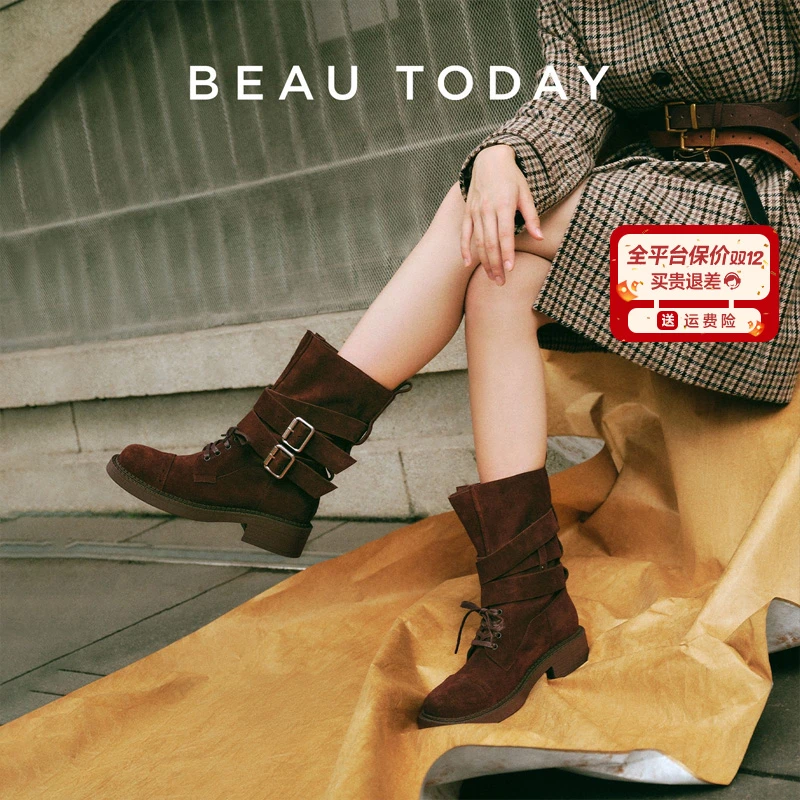 BeauToday复古时髦皮带扣骑士靴厚底圆头防滑透气反绒女款靴子