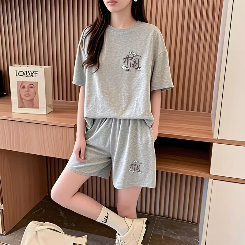 宽松休闲圆领短袖短裤两件套女2025夏季新款百搭减龄运动服套装女