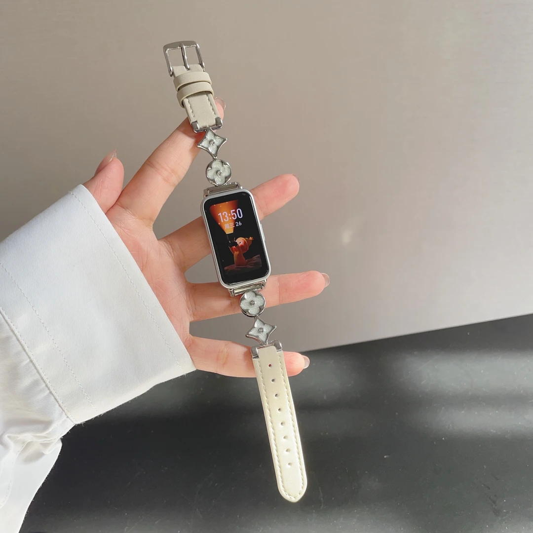 MC适用华为手环10表带贝母四叶草拼皮华为手环98代ins风替换腕带