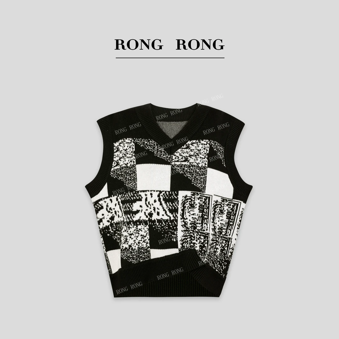 溶溶J【山墨图】RONGRONG 超细绵羊毛V领撞色提花背心C-I2051015-1