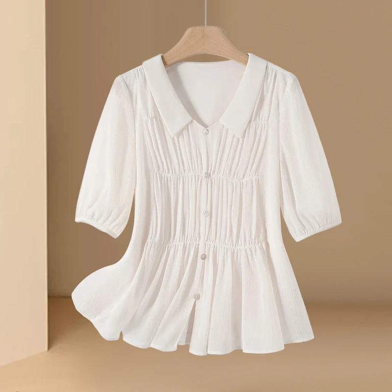 翻领白色衬衫女夏季2025新款时尚显瘦洋气收腰设计感褶皱短袖上衣