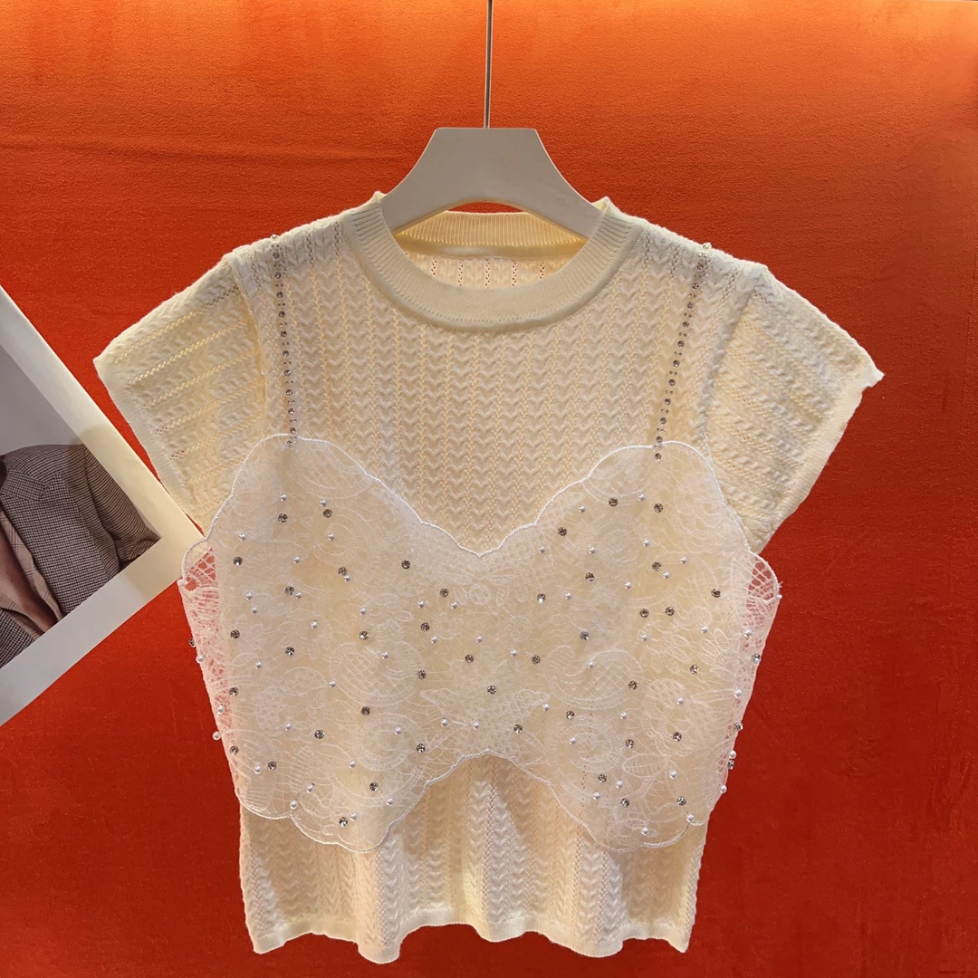 女装上衣蕾丝白色针织时尚镂空
