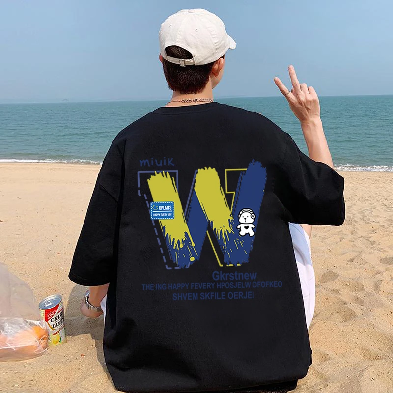 2025新款纯棉短袖t恤男女生宽松大码上衣潮牌情侣字母休闲五分袖