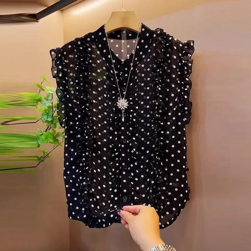 大码胖MM法式飞边2025夏季新款波点设计感休闲遮肉显瘦洋气雪纺衫