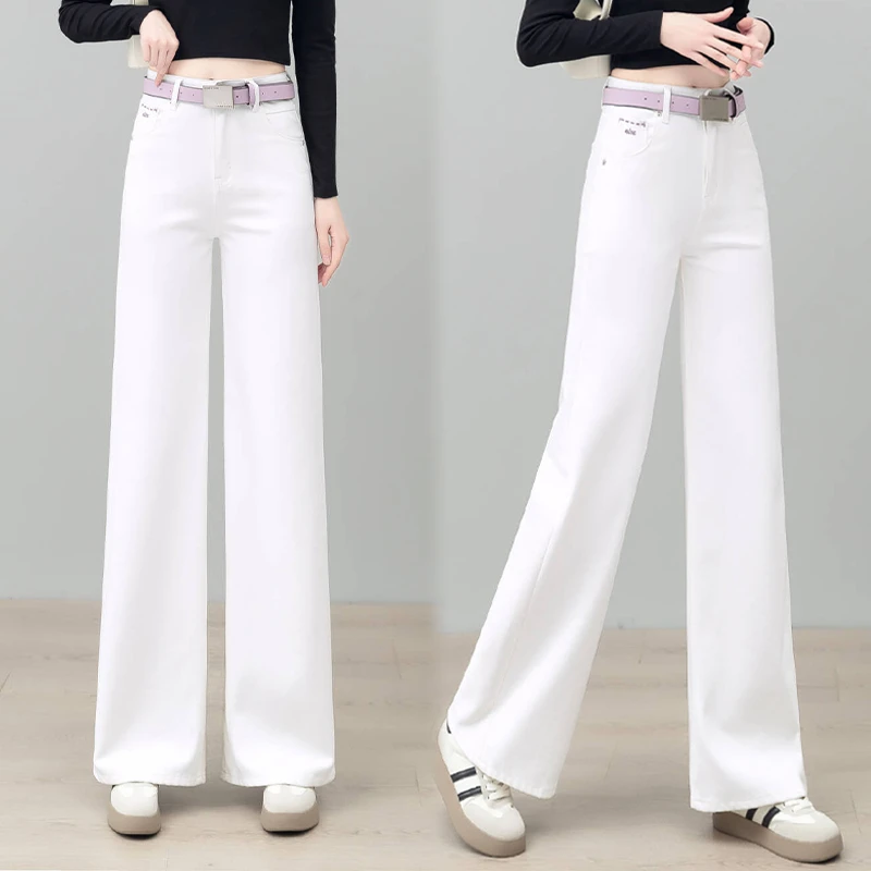 白色天丝阔腿牛仔裤女2025春季新款高腰显瘦宽松垂感休闲直筒裤子