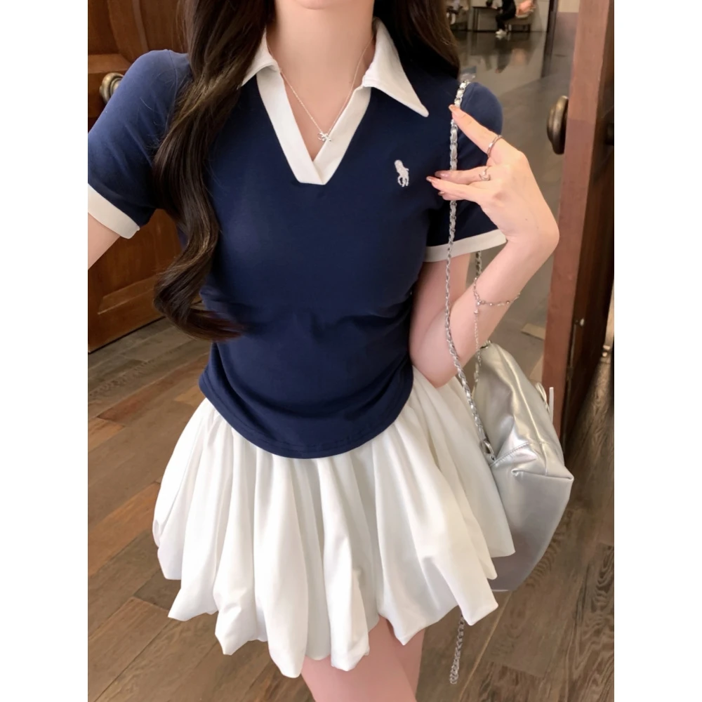 微胖翻领撞色正肩短袖2025夏季设计感T恤+云朵花苞蓬蓬裤裙套装女